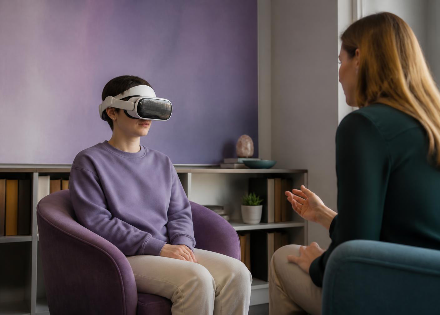 An adult seated in a calm training room wearing a VR headset while a coach speaks with them